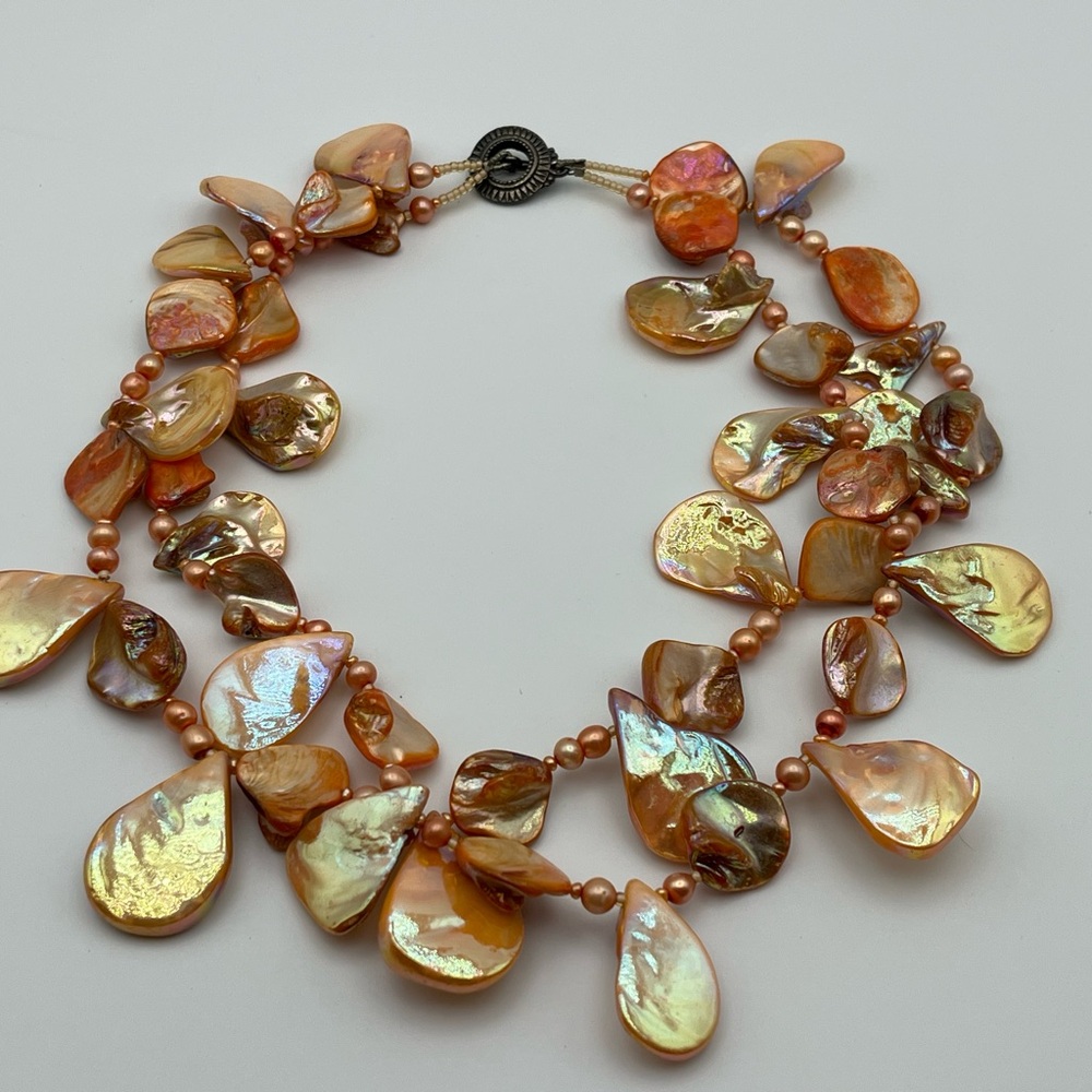Gold and Brown Statement Necklace with Iridescent Shell Elements